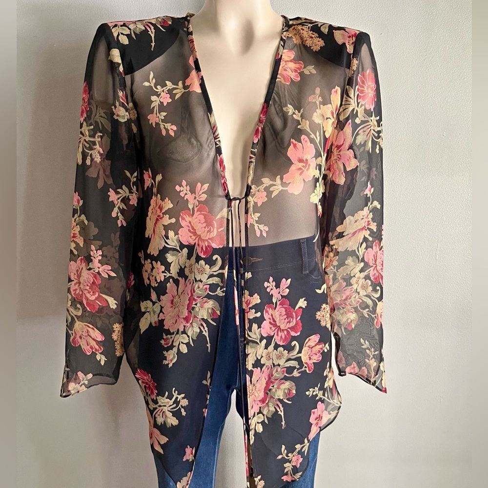 Vintage Sheer Floral Tie Front Blouse Black Pink Boho Y2K Kimono Top Size 10P